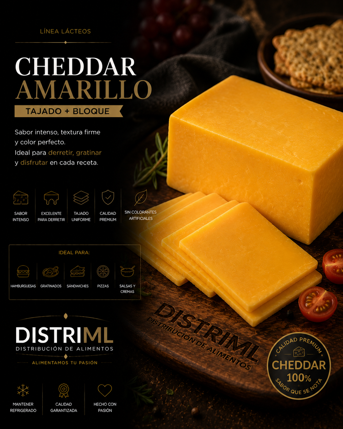 Queso cheddar amarillo · tajado y bloque